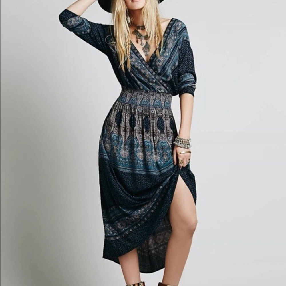 Free People Jade printed Midi Dress Boho prairie size XS